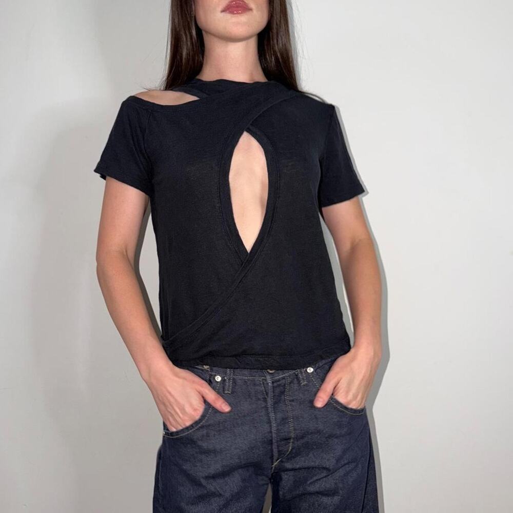 A.L.C. Black Linen Asymmetric Slash Cutout Short Sleeve Tee XS